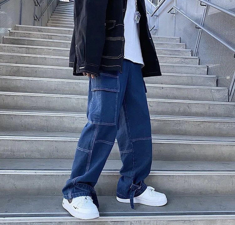Jean Dark Blue Cargo jeans Wide Leg Denim Loose Straight Baggy Size US 38 / EU 54 - 4 Thumbnail