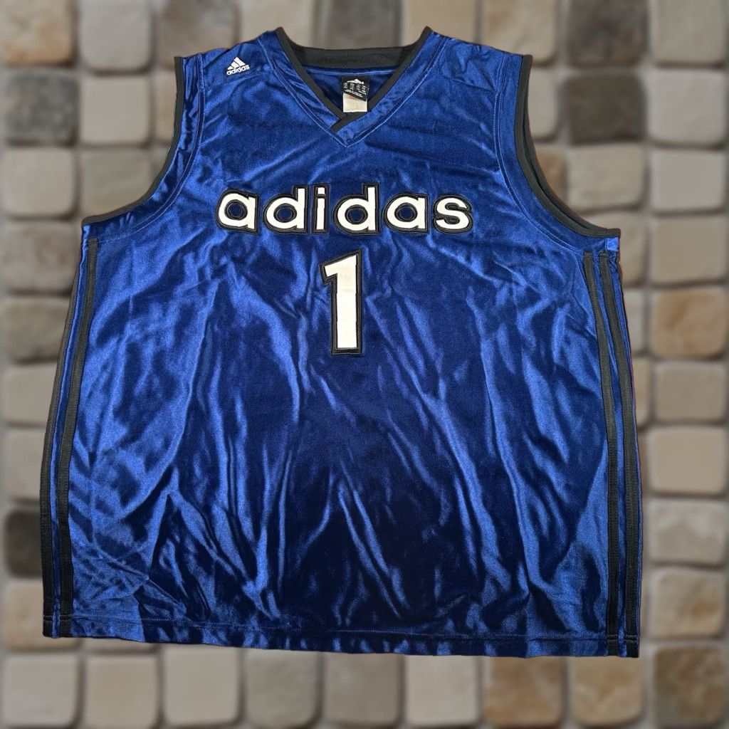 VINTAGE Adidas Stitched #1 Spell Out Basketball Jersey Men 2XL Blue Basketball Tank Jersey Women/Men?