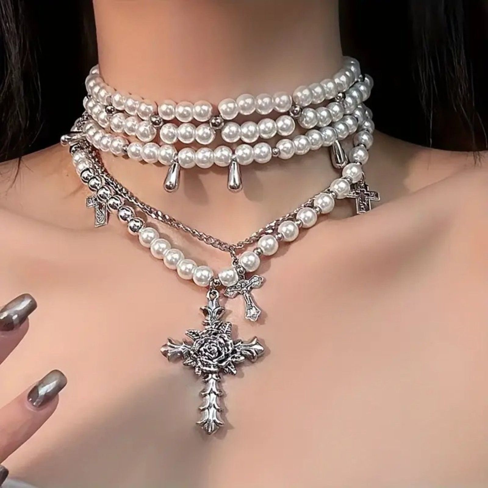 Other Gothic Goth Punk Pearl Multi-Layer Cross Choker Necklace Size ONE SIZE - 1 Thumbnail