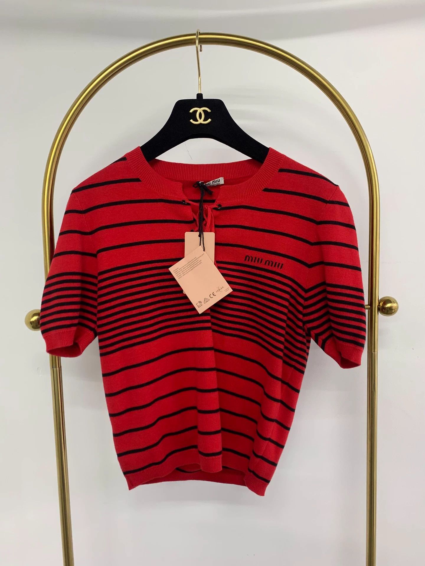 Miu Miu Miu Miu Red Stripe Tie Knit Short Sleeve 40 Size S / US 4 / IT 40 - 1 Thumbnail