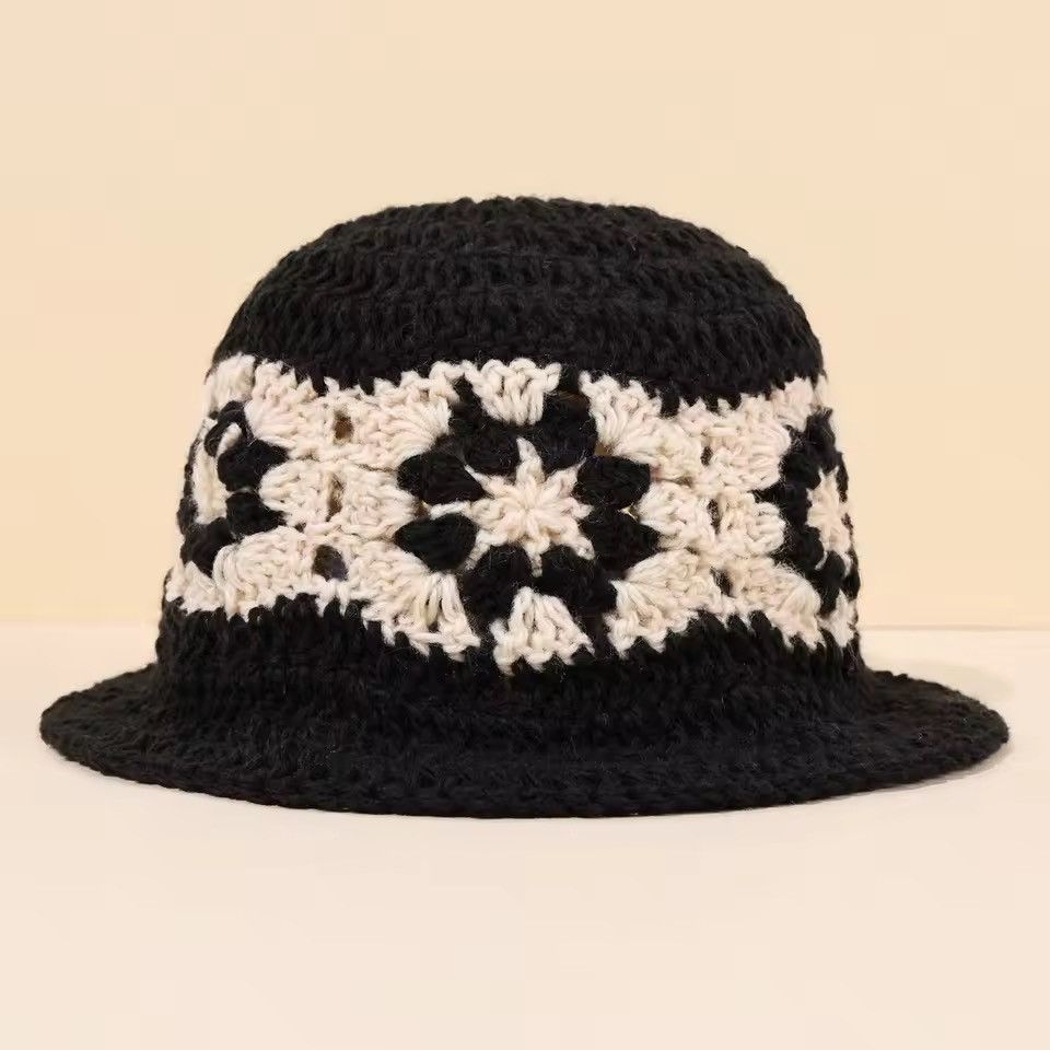 Handmade Retro Splicing Knitted Striped Hollow Bucket Hat Size ONE SIZE - 1 Thumbnail