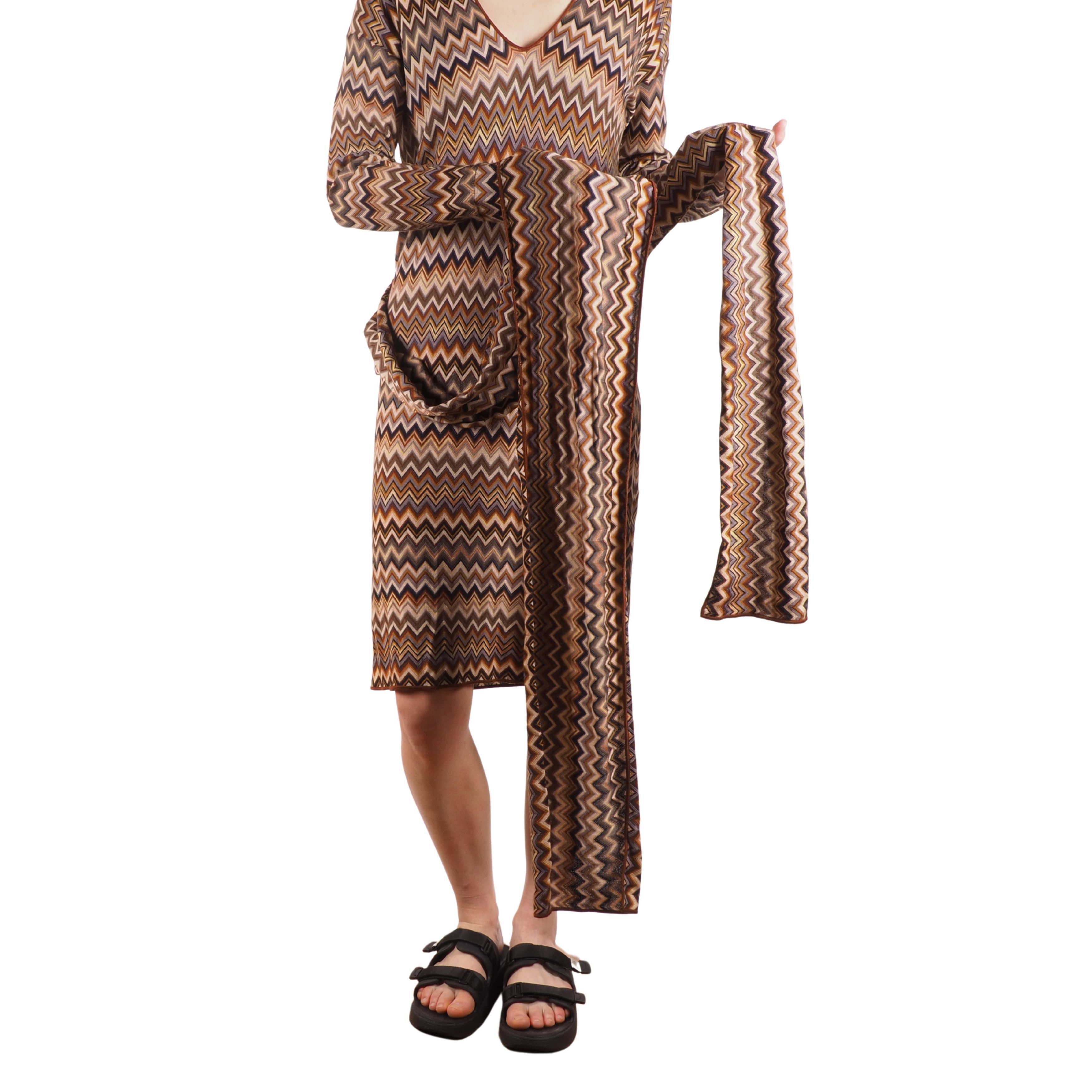 Missoni Missoni Vintage Knit Belted Chevron Zigzag Dress Brown Size L / US 10 / IT 46 - 2 Thumbnail