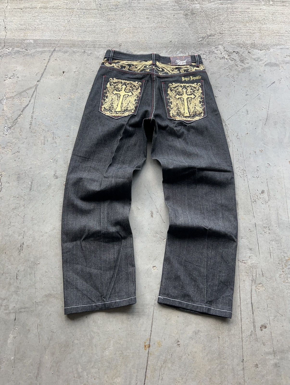 image of Crazy Royal Republiq Baggy Glossy Embroidered Jeans in Black, Men's (Size 34)