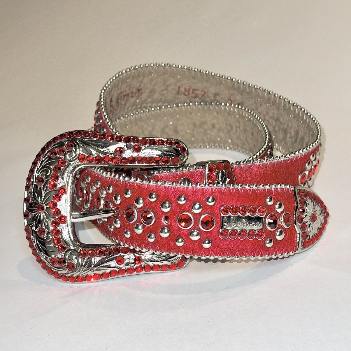 B.B. Simon BB Simon Red Crystal Pony Hair Belt Size 34 - 6 Thumbnail