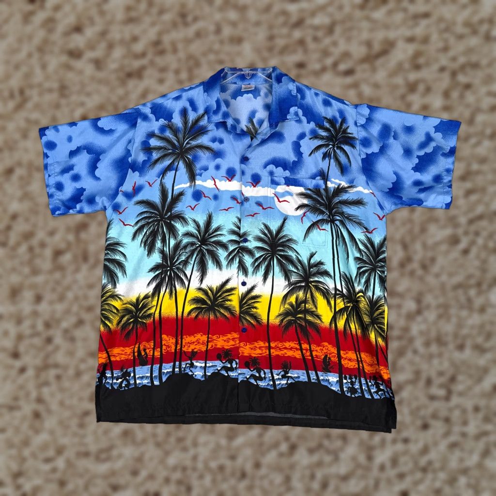 Vintage Happy Bay Shirt Mens XL Blue Palm Tree Hawaiian 100% Terivoile Sunset Button-Up Casual Shirt Size US XL / EU 56 / 4 - 1 Thumbnail