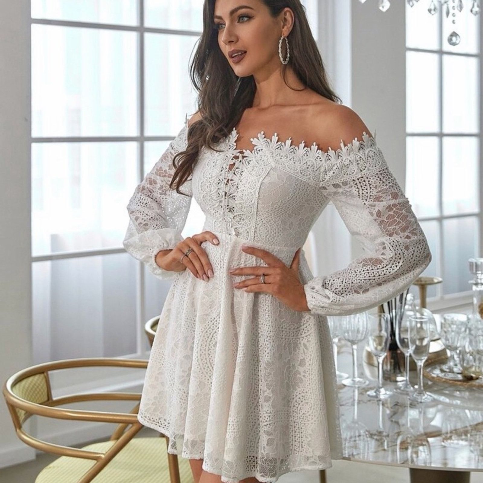 Other New Elegant White Lace Off-Shoulder Dress size S Size S / US 4 / IT 40 - 5 Thumbnail