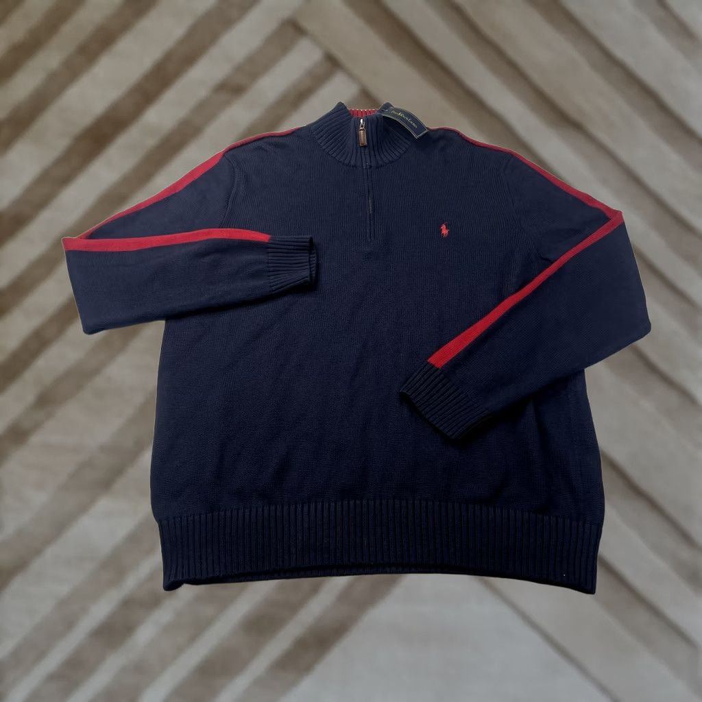 Polo Ralph Lauren VINTAGE? Polo Ralph Lauren Navy Blue Red Pony 1/4 Zip Knit Sweater Men XL Shirt Size US XL / EU 56 / 4 - 1 Thumbnail