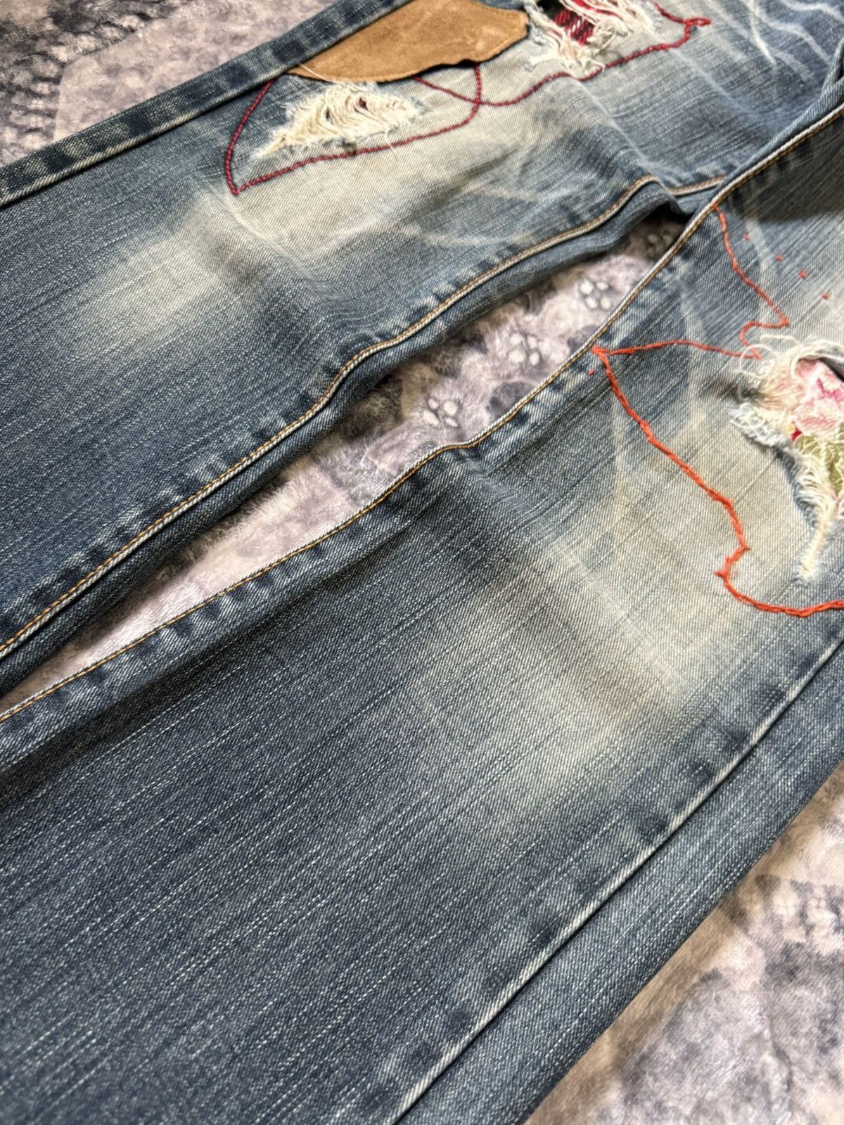 Hysteric Glamour Lucy Pearl Patch Work Leather Trimmed Shashiko Flared Jeans Size US 27 - 6 Thumbnail