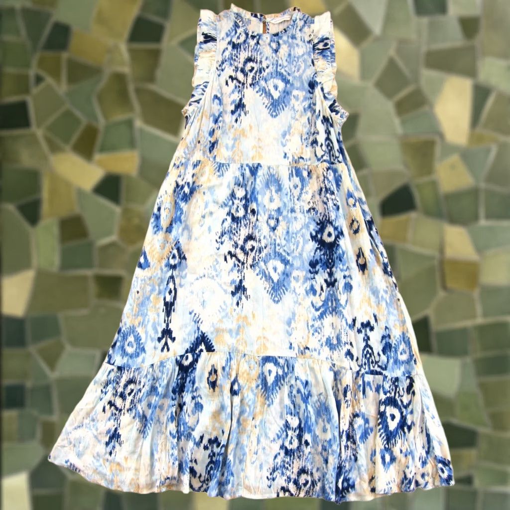 Vintage Canyon Retreat Blue White Brown Tie Dye Maxi Dress M Cap Sleeve Pockets Rayon Dress Long Women Size M / US 6-8 / IT 42-44 - 1 Thumbnail