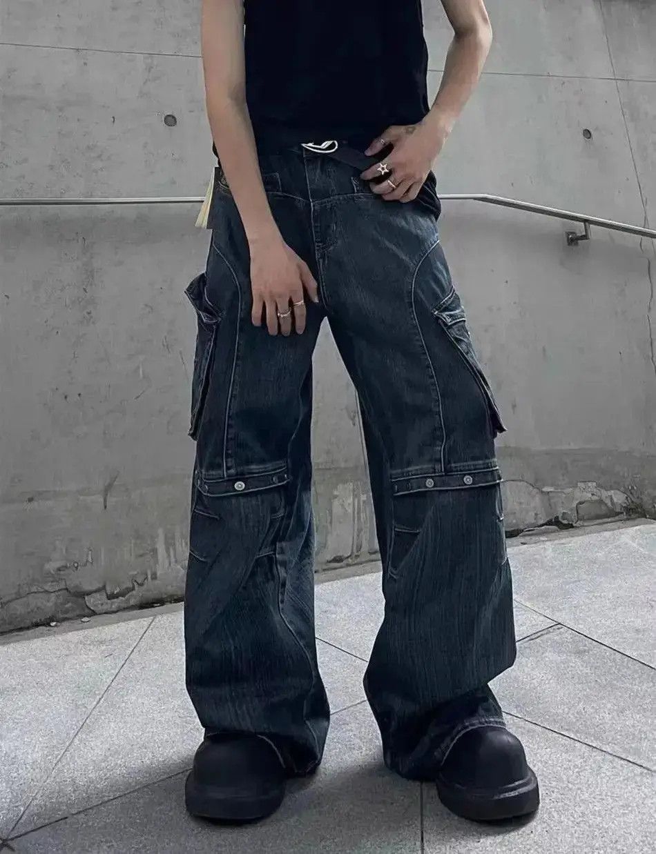Japanese Brand Retro heavy duty workwear large pocket wide leg cargo jeans Size US 33 - 2 Thumbnail