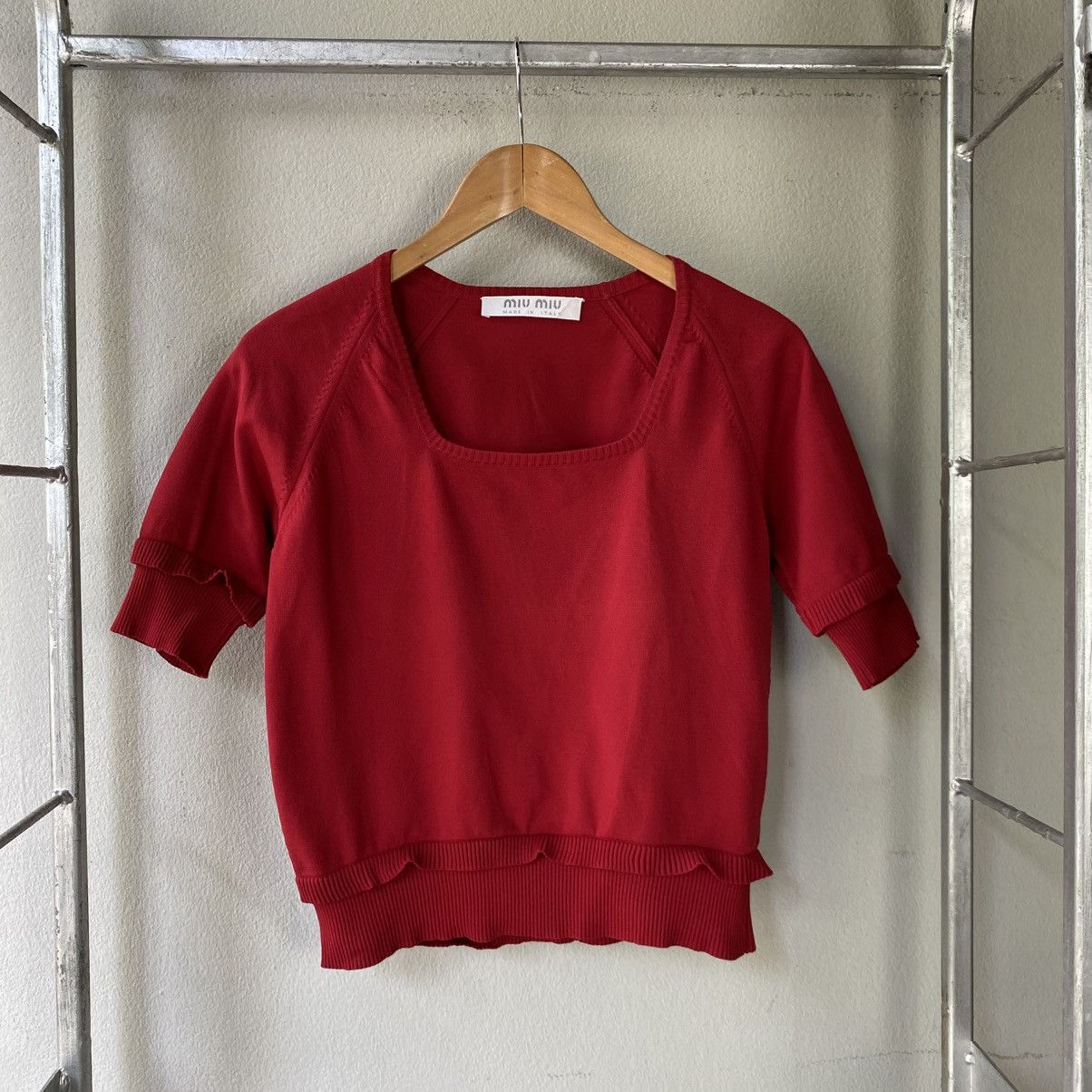 Miu Miu Miu Miu Red Square-Neck Short Sleeve Knit Top Size S / US 4 / IT 40 - 1 Thumbnail