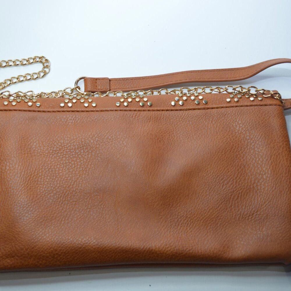 Designer Brown Studded Foldover Clutch with Gold Chain Strap Size ONE SIZE - 5 Thumbnail
