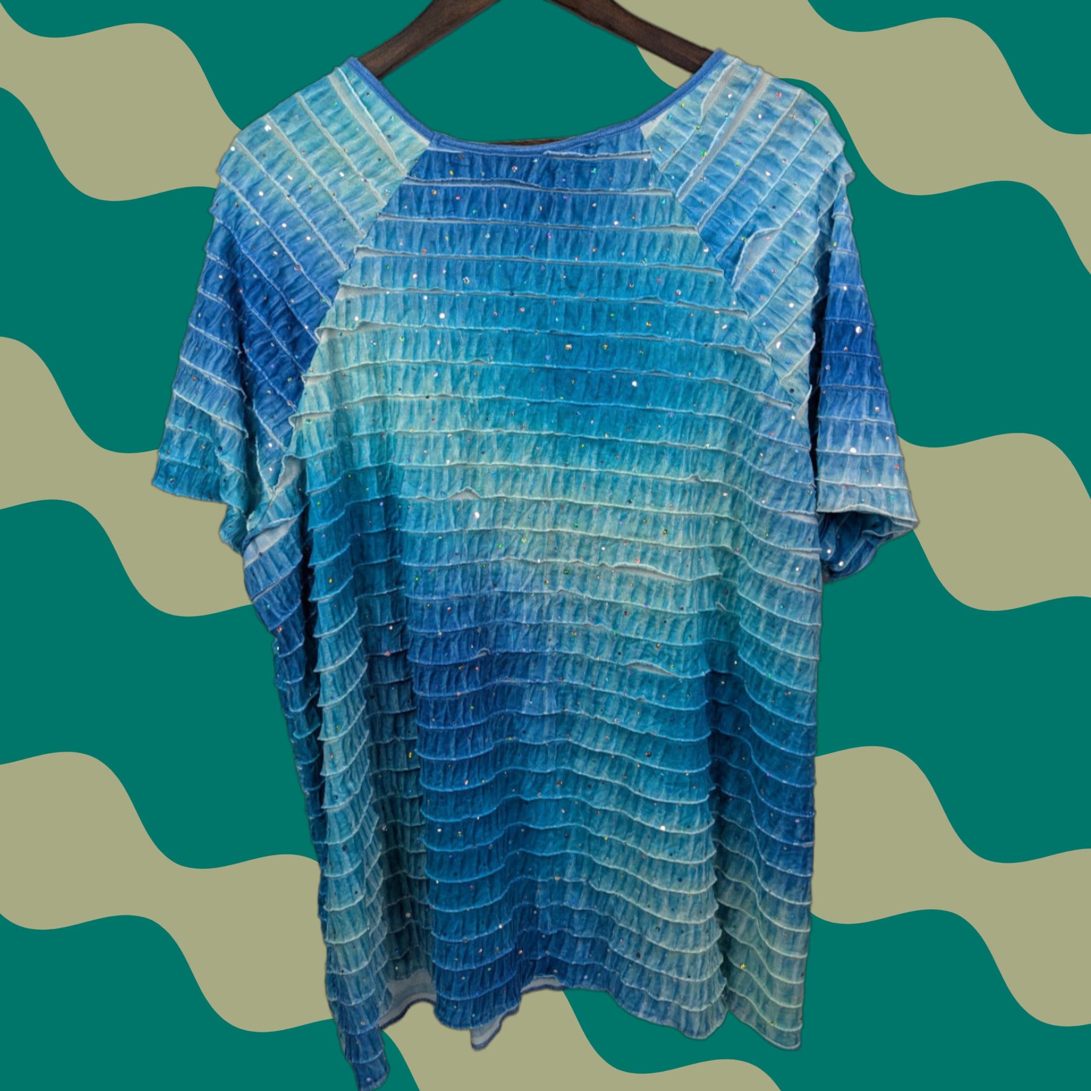 Vintage Maggie Barnes Woman's 1X 18/20 Shirt Blue Ruffle Short Sleeve Boho Blouse Plus Size XL / US 12-14 / IT 48-50 - 1 Thumbnail