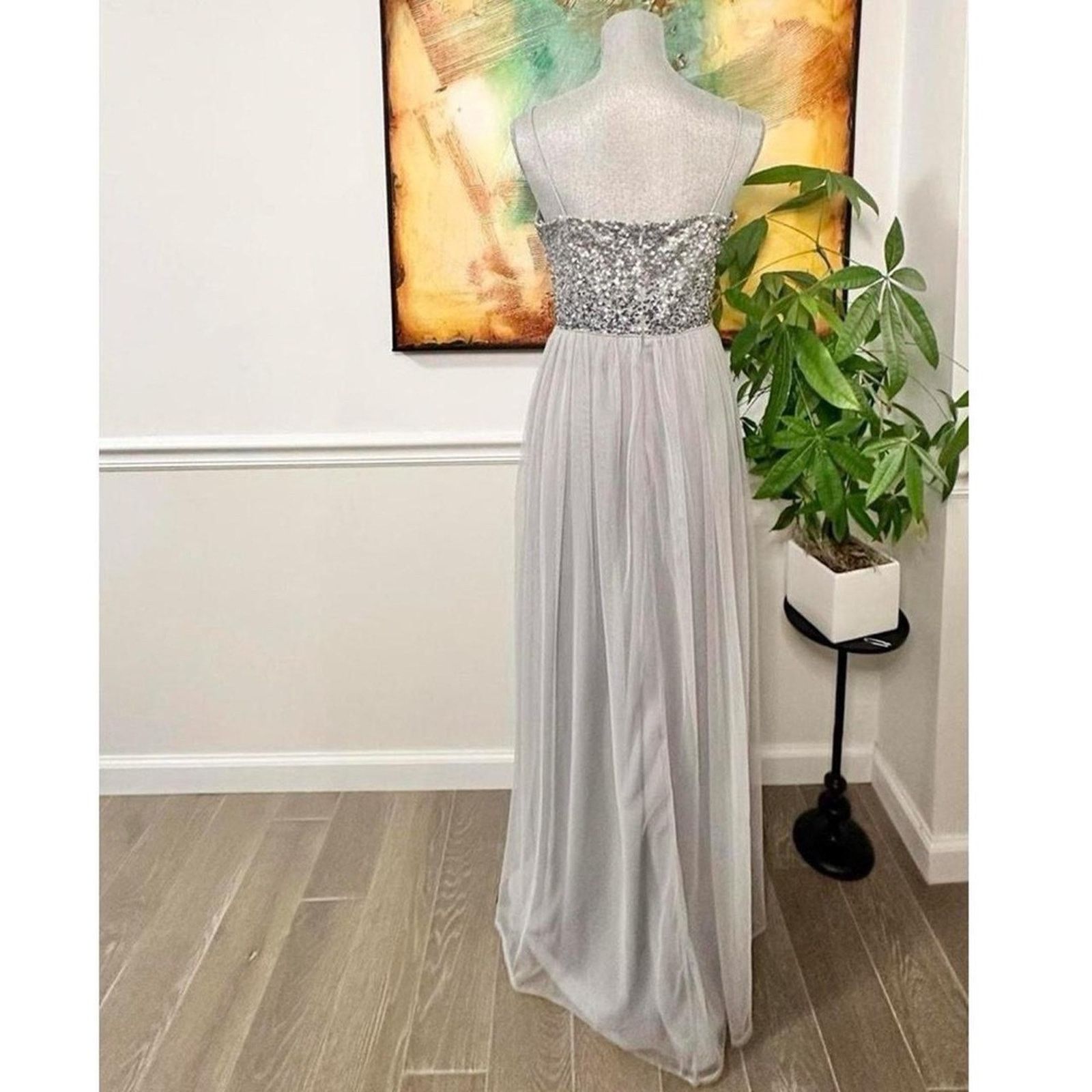 Adrianna Papell Adrianna Papell Sequin Silver Maxi Dress A-line formal long Size M / US 6-8 / IT 42-44 - 3 Thumbnail