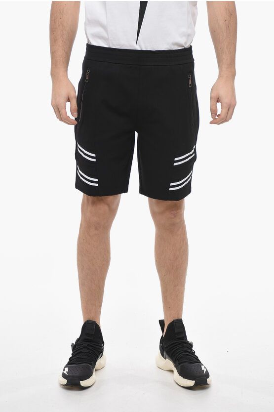 image of Neil Barrett Low-Waist Loose Fit Varsity Shorts With Elastic Inserts in Black, Men's (Size 28)