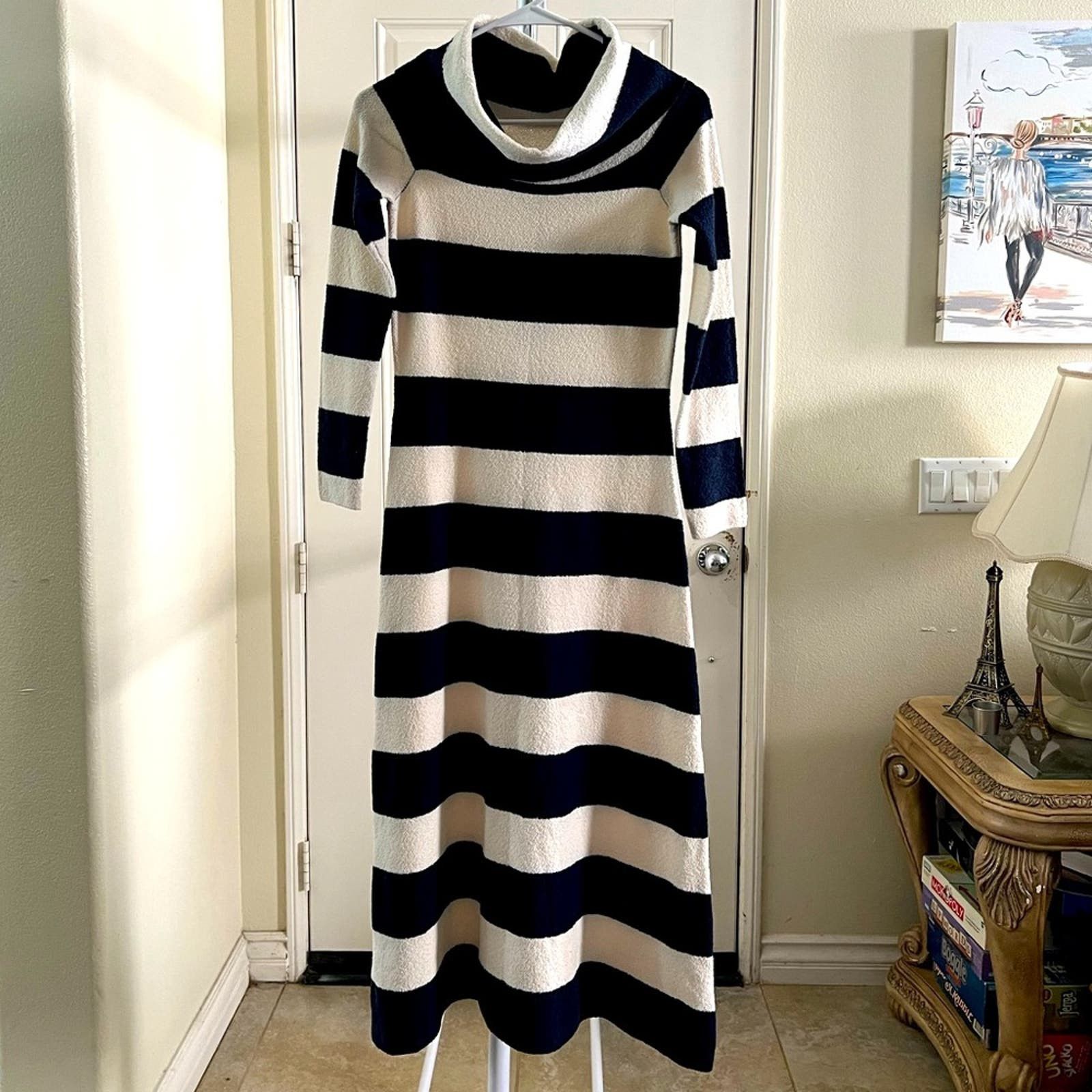 Zara Striped Long Sleeves Cowl Neck Midi Dress