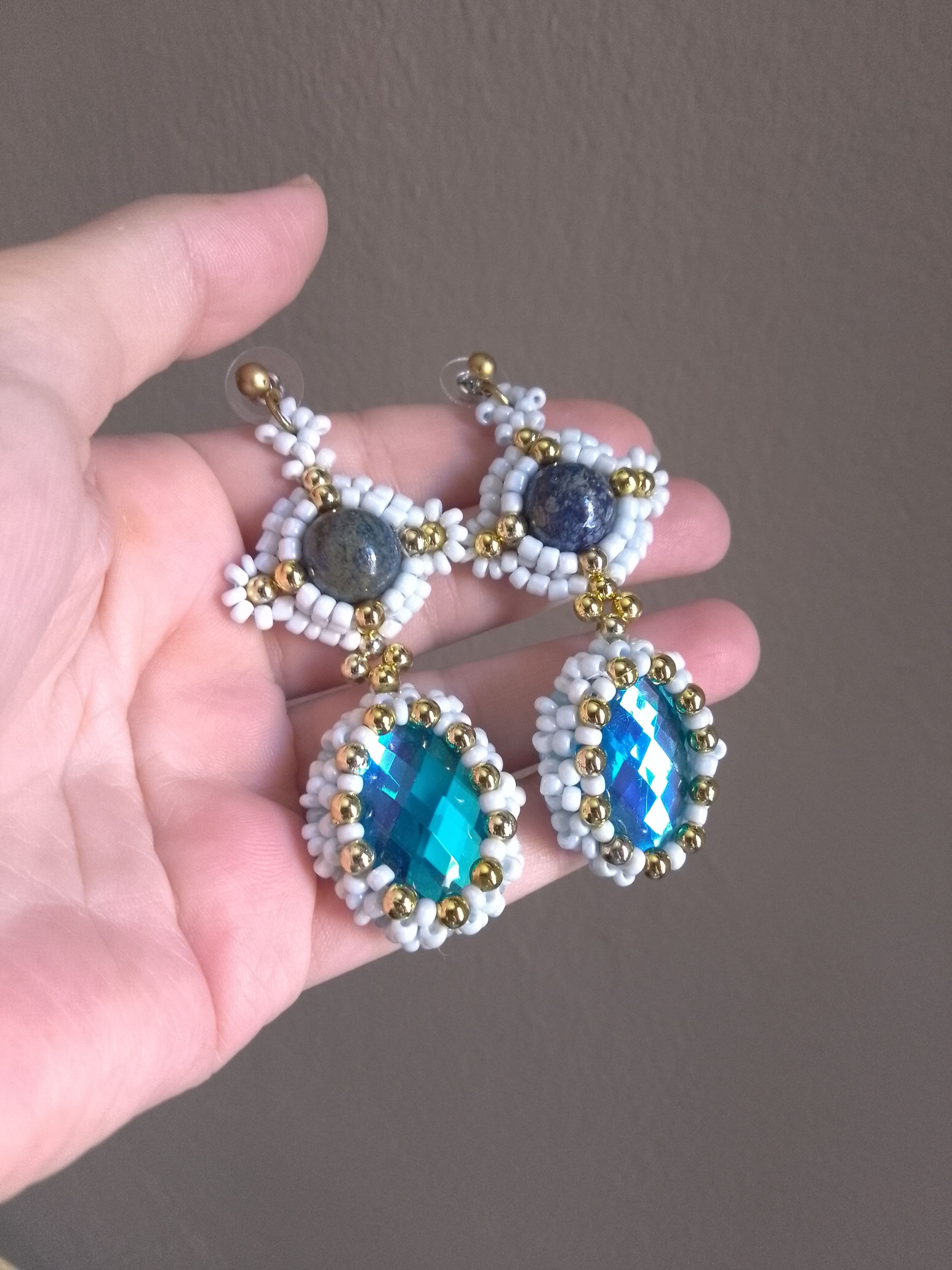 Handmade Earrings Zircon hard Lapis Lazuli gemstones Vintage style Size ONE SIZE - 2 Thumbnail