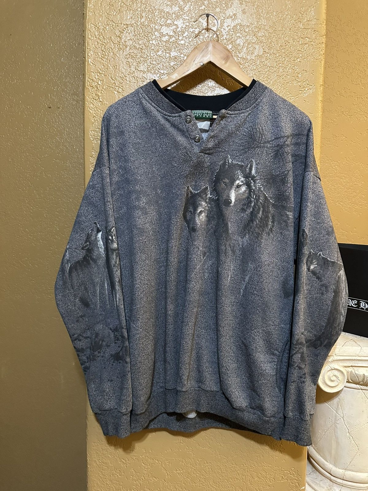 Vintage 🍂 Vintage 90s Wolves Henley Pullover Sweatshirt Size US L / EU 52-54 / 3 - 3 Thumbnail