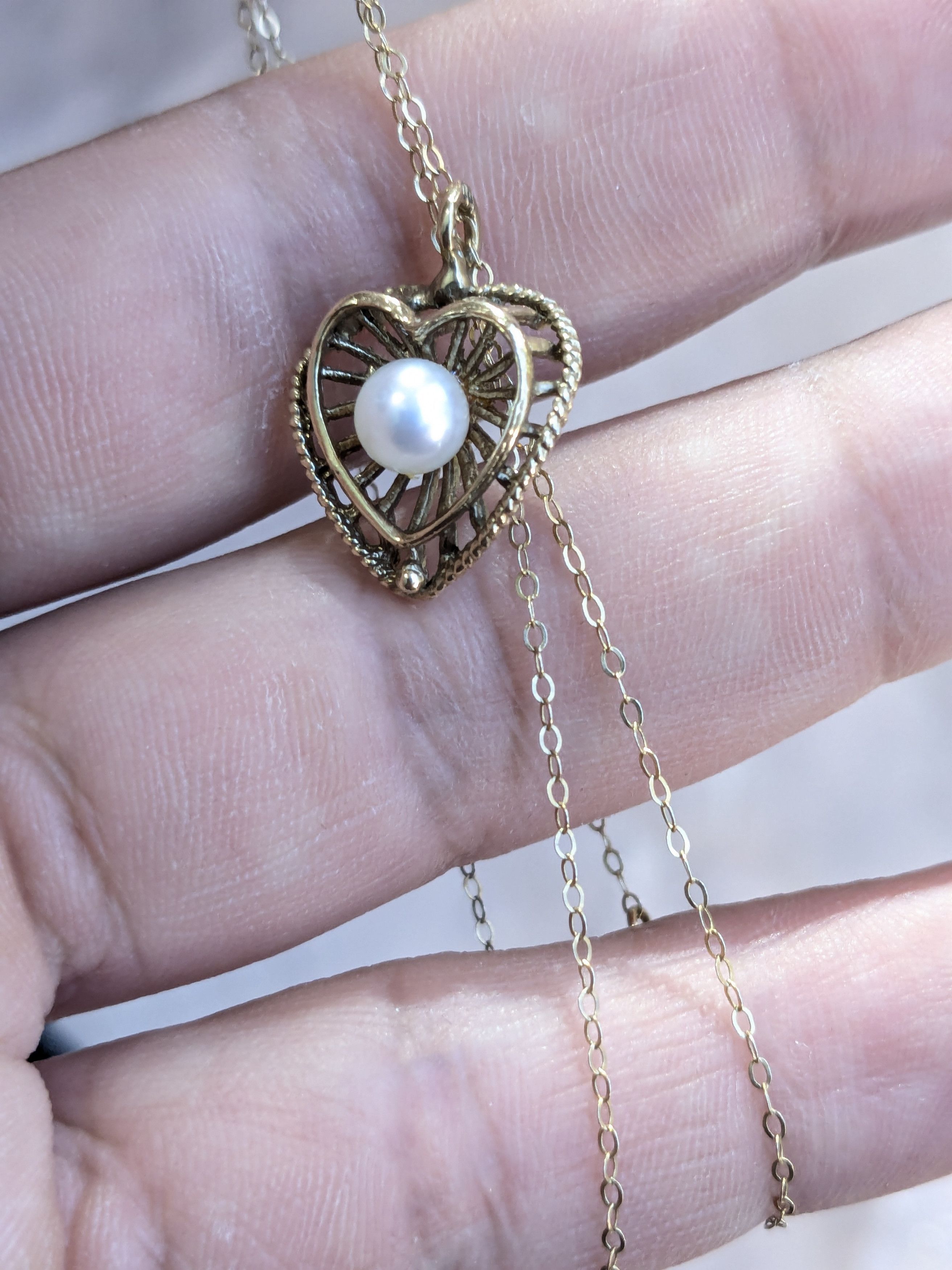 Jewelry Vintage 10k Gold Necklace Heart Pearl 17" Size ONE SIZE - 15 Thumbnail