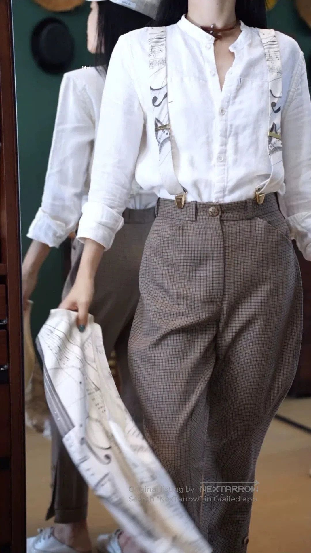 Hermes White Long Sleeve Shirt with Musical Note Suspenders. Size US M / EU 48-50 / 2 - 1 Thumbnail