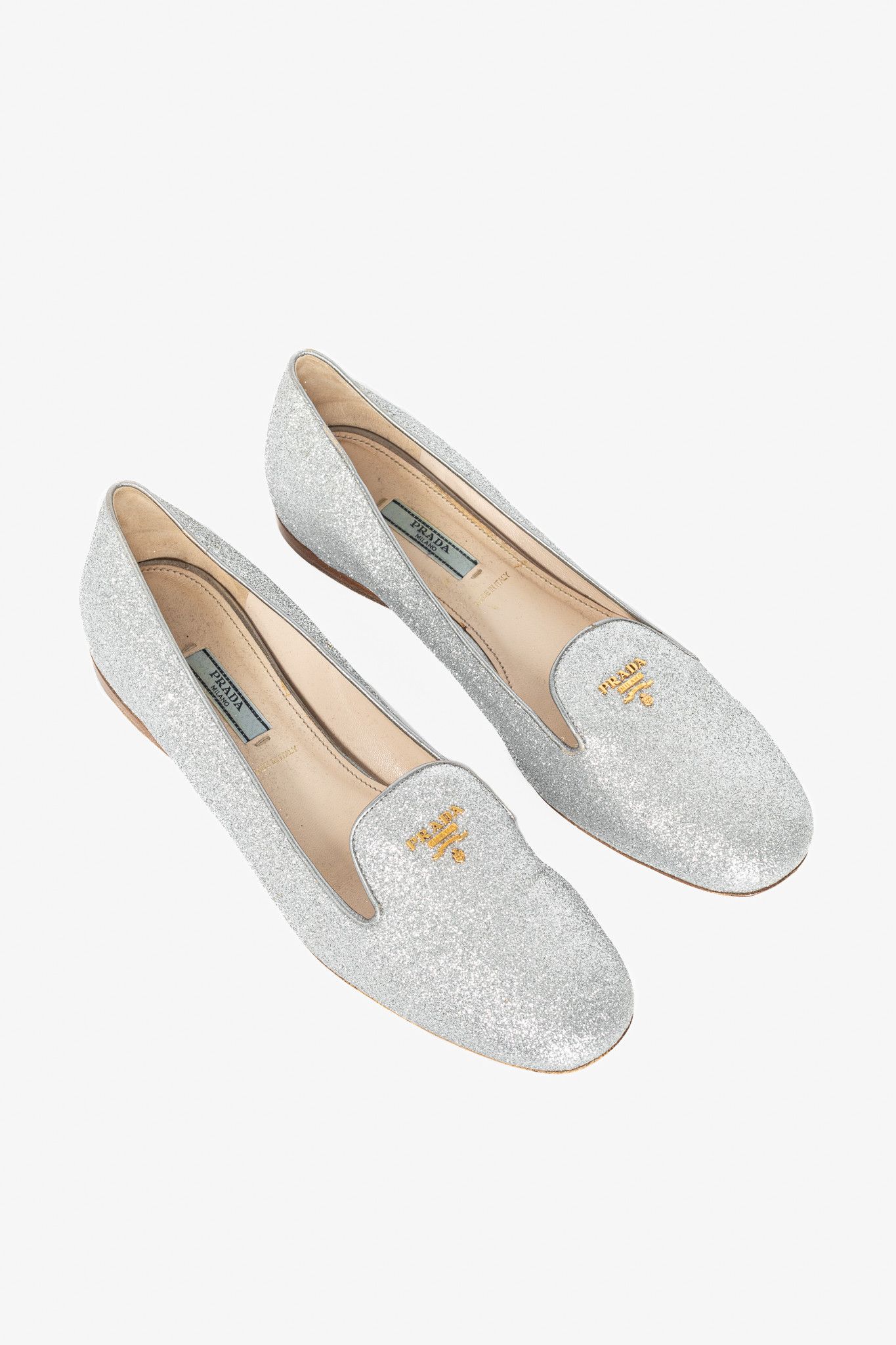 Prada Prada Argento Glitter Logo Hidden-Wedge Loafers Size US 9.5 / IT 39.5 - 1 Thumbnail