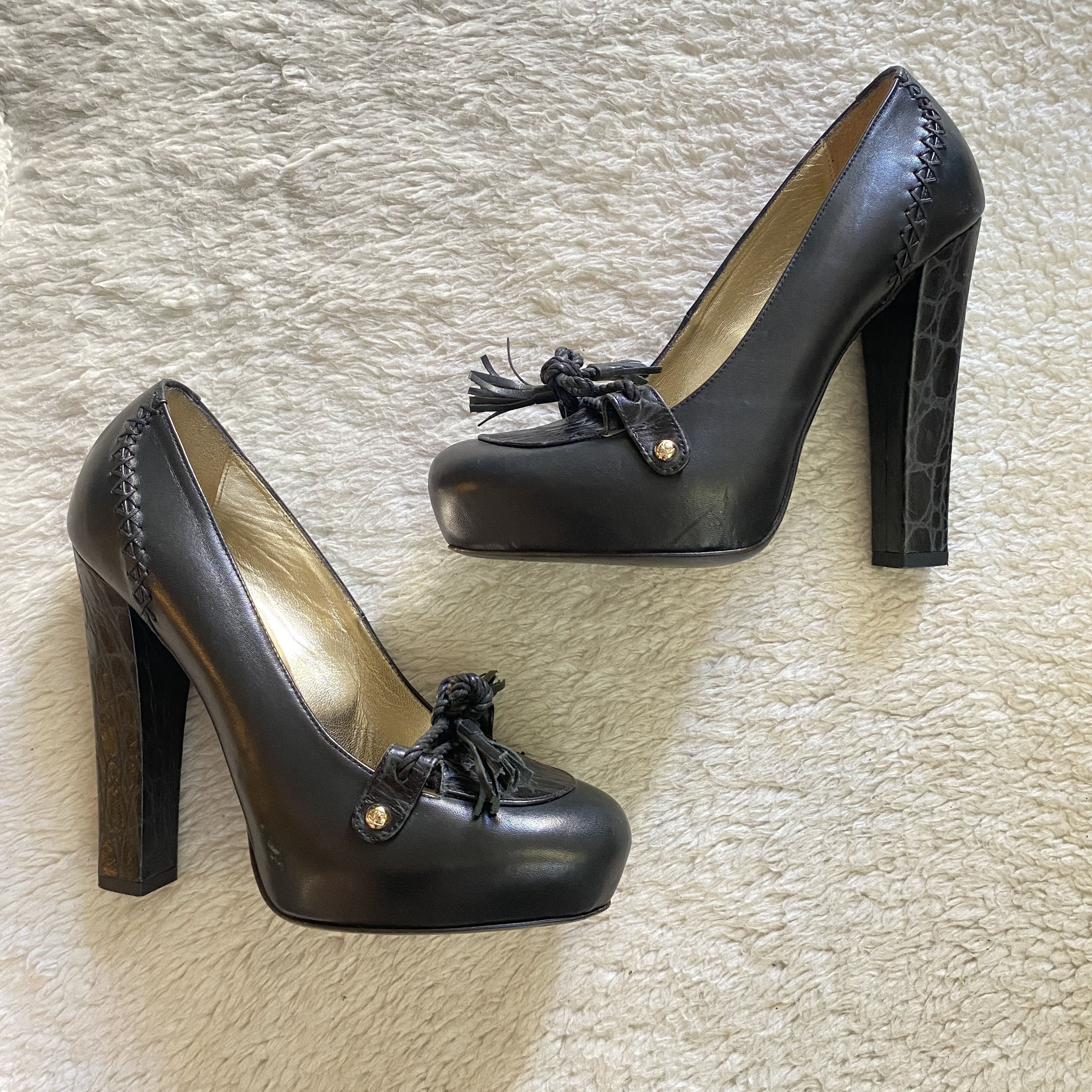 Just Cavalli Vintage JUST CAVALLI Black Leather Platform Heels Size US 8.5 / IT 38.5 - 1 Thumbnail
