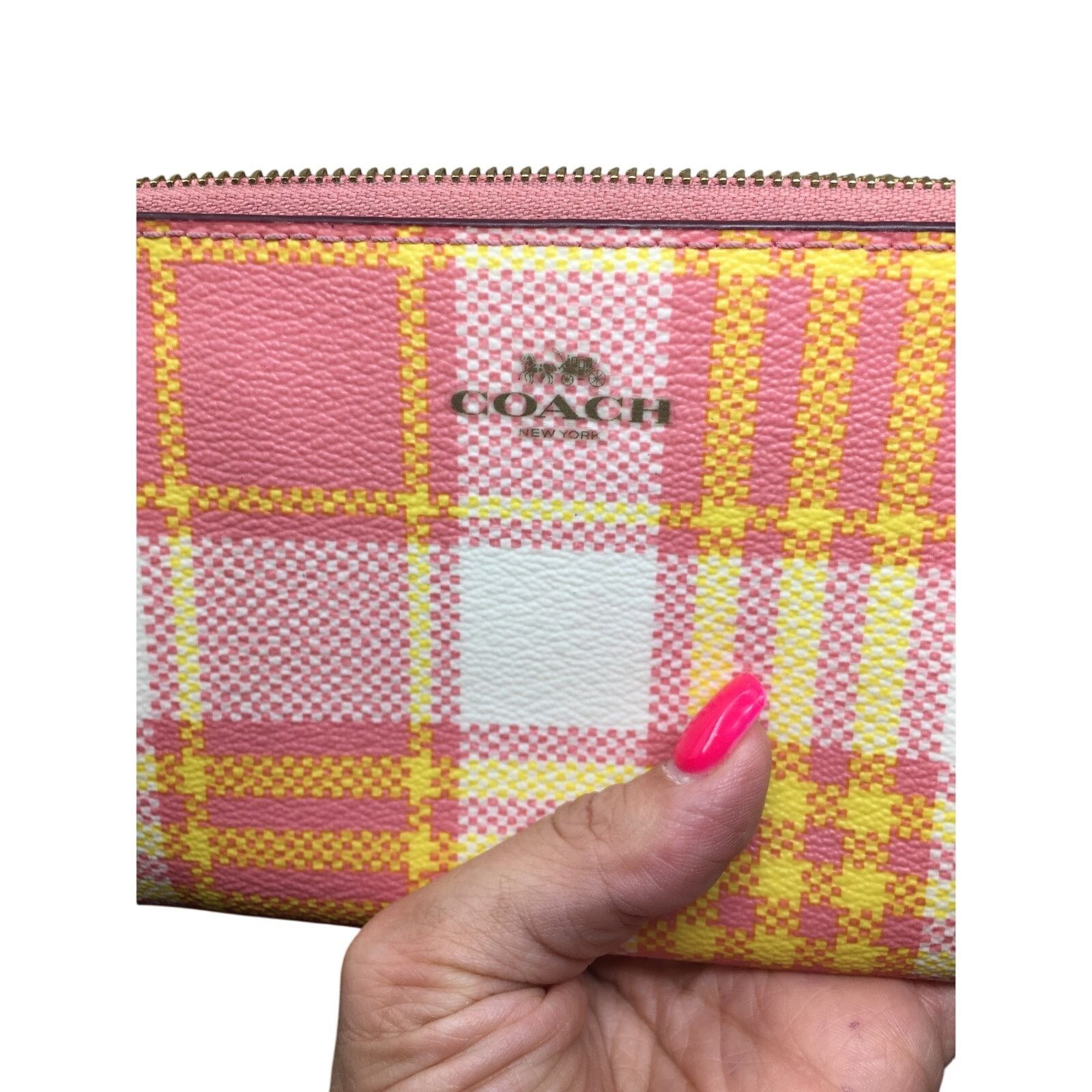 Coach Coach Corner Zip Wristlet - Garden Plaid Print Taffy & Gold Size ONE SIZE - 2 Thumbnail