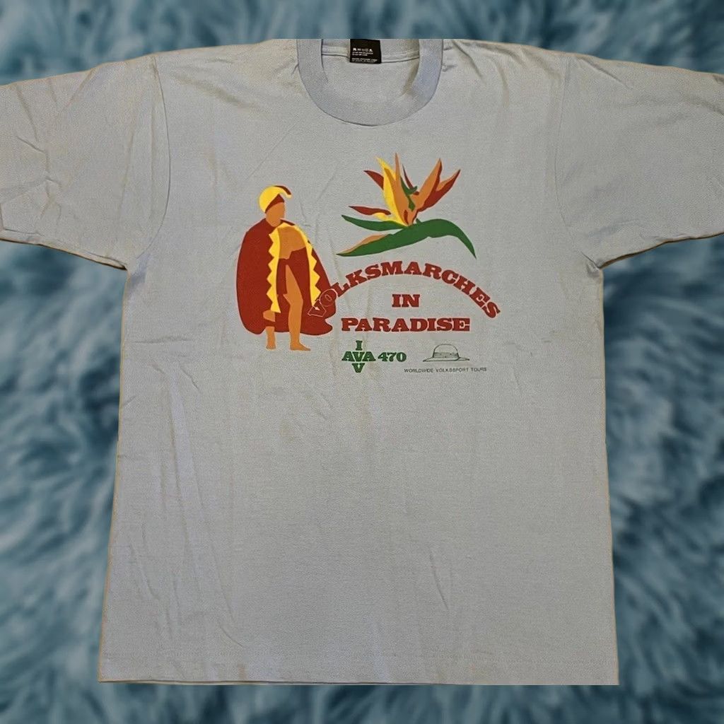 Paradise VINTAGE 90s Volksmarches in Paradise Faded Hawaii Shirt M Blue Beach Water Graphic Tee Men Size US M / EU 48-50 / 2 - 1 Thumbnail