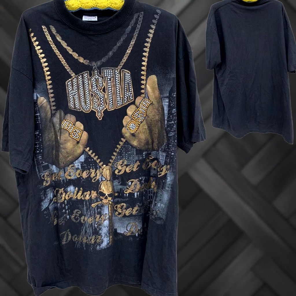 Vintage Hustla Get Every Dollar T-Shirt Hip Hop Pro Power 3XL Black Cotton Men Short Sleeve Crew Neck Vintage Big & Tall Size US XXL / EU 58 / 5 - 1 Thumbnail