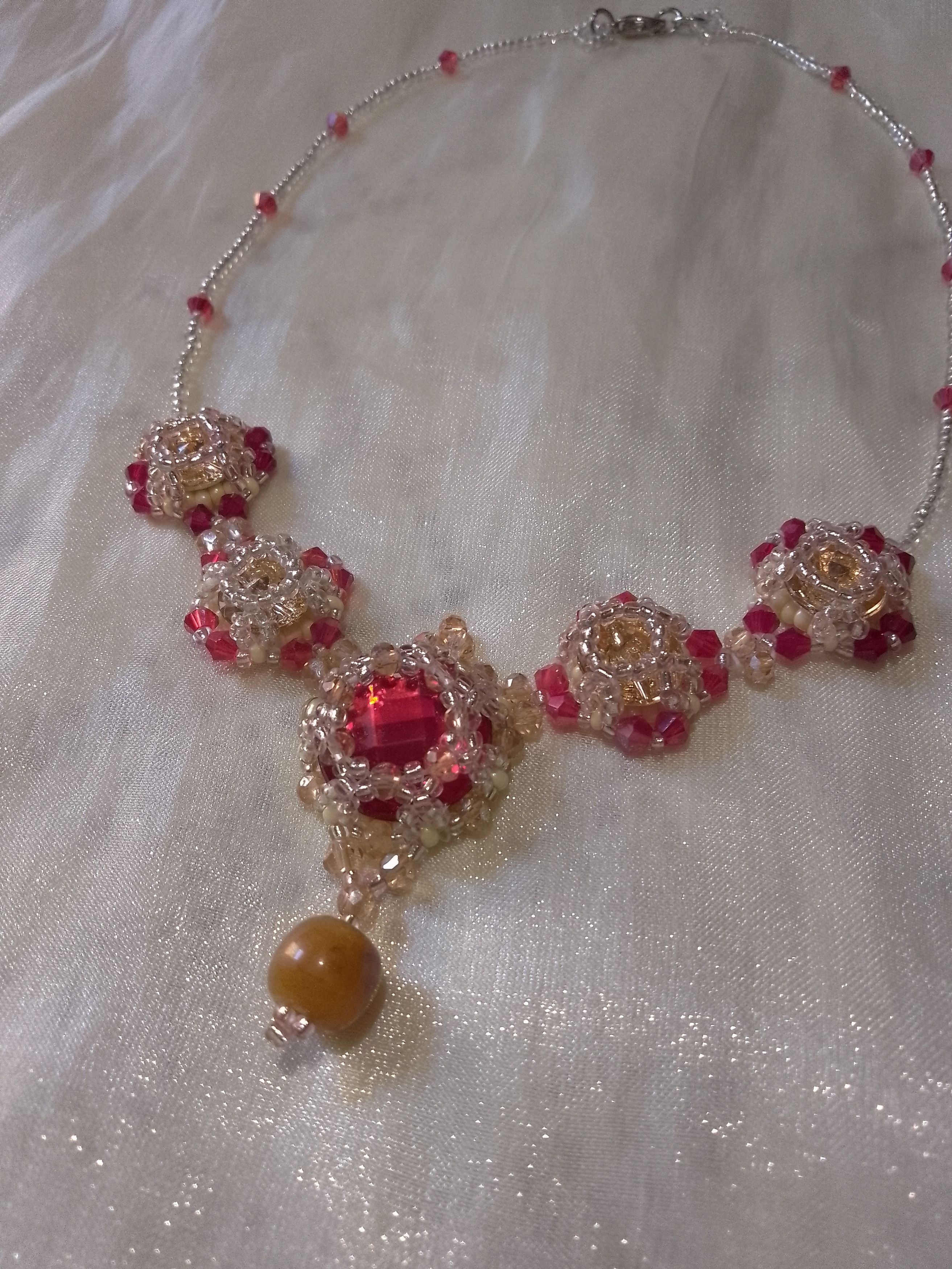 Handmade Necklace Zircons Red amber with naturale jade gemstone Size ONE SIZE - 7 Thumbnail