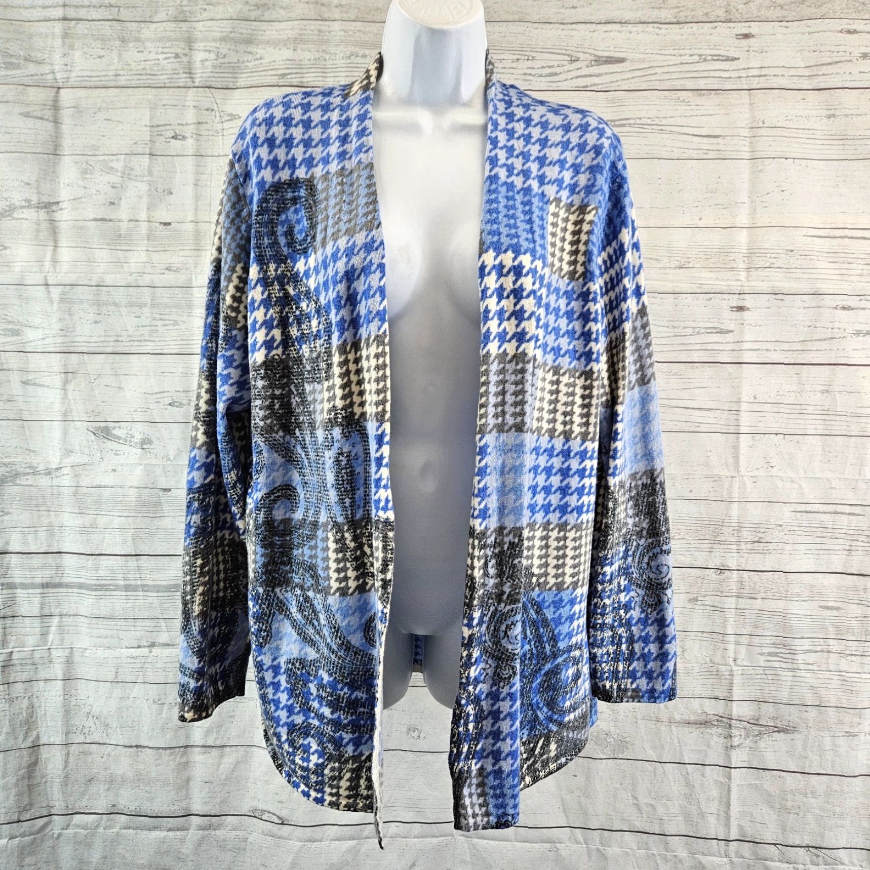 Talbots Talbots Cardigan Wool XL Womens Long Sleeve Blue Gray Houndstooth Merino Open Sweater Size XL / US 12-14 / IT 48-50 - 2 Thumbnail