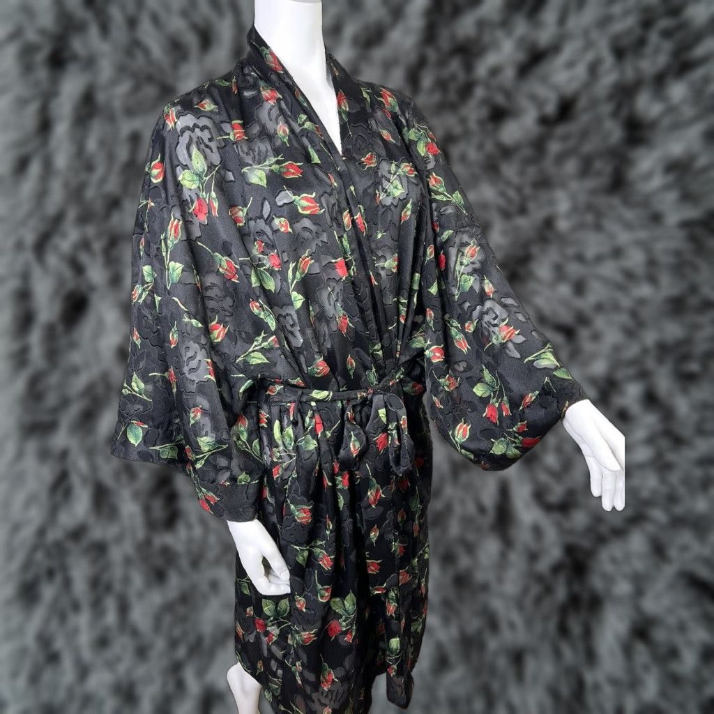 Vintage Lane Bryant 24W Kimono Robe Cover Up Lingerie Multi-Color Roses Sheer 90's Rockabilly Womens