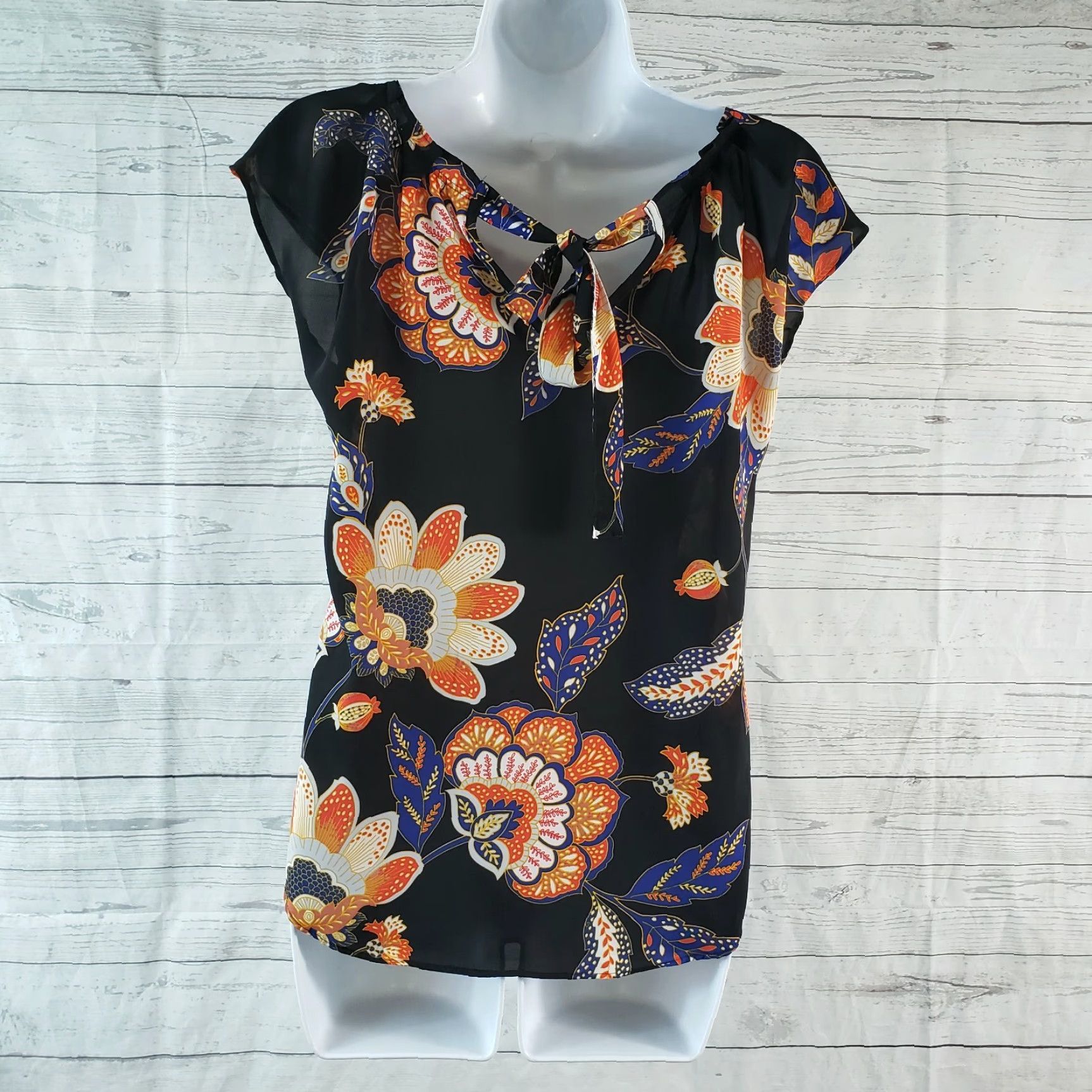 Vintage LC Lauren Conrad Blouse Womens Sz XS Black Orange Floral Pleated Size XS / US 0-2 / IT 36-38 - 4 Thumbnail