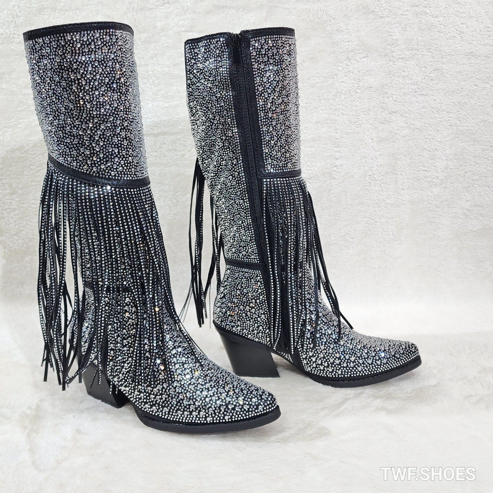 Other Western Diva Black Asymmetrical Fringe Rhinestone Glam Cowgi Size US 10 / IT 40 - 4 Thumbnail