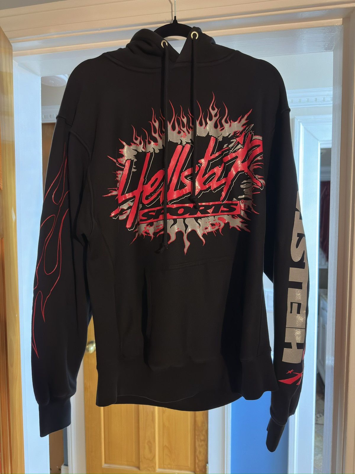 image of Hellstar Studios Sports Future Flame Black Hoodie, Men's (Size XS)