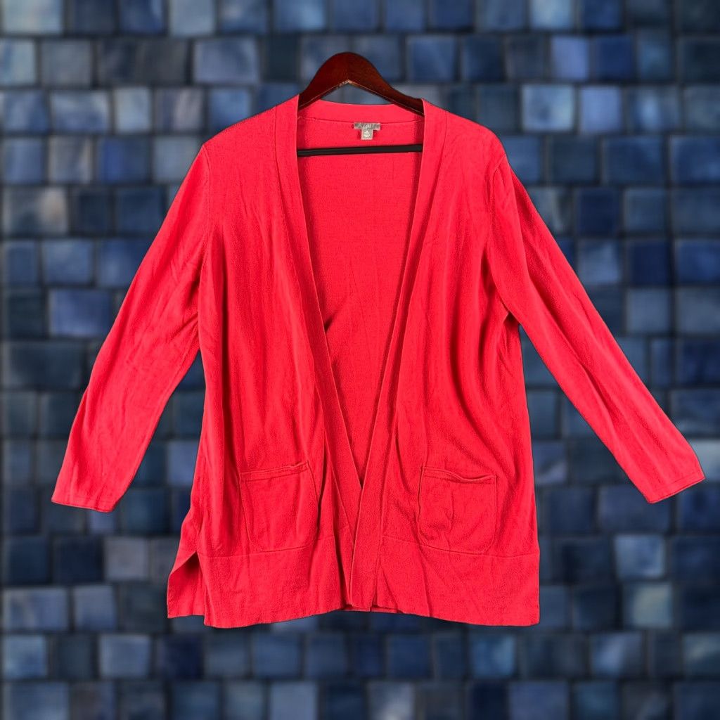 J. Jill J. Jill Sweater Cardigan Womens Medium Red Open Pockets Long Sleeve V-Neck Knit 100% Cotton Size M / US 6-8 / IT 42-44 - 1 Thumbnail