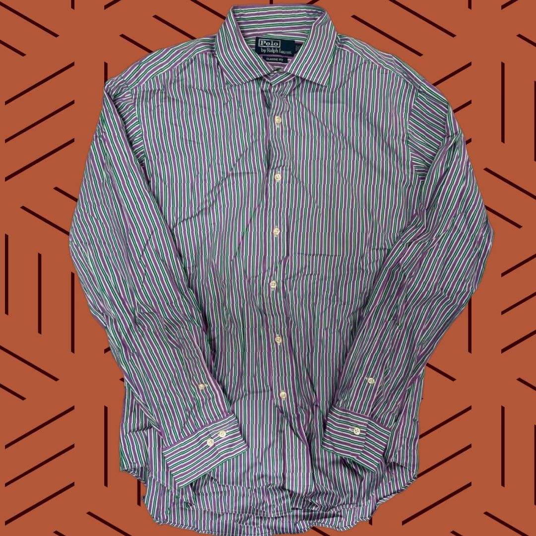 Polo Ralph Lauren VINTAGE Polo Ralph Lauren Classic Fit Pinstripe Button Down Dress Shirt Purple Green 16 34/35 Shirt Mens Adult L Purple Green Size 42R - 1 Thumbnail