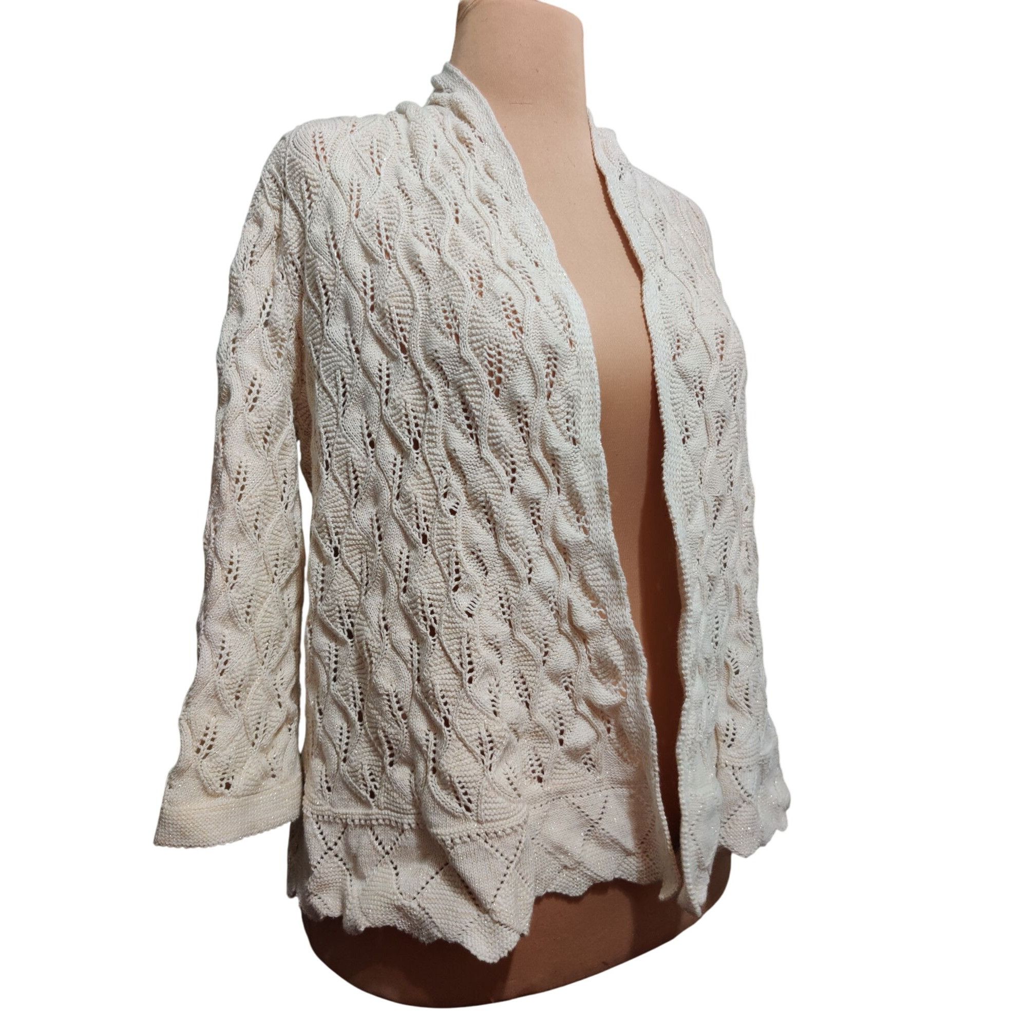 JM Collection JM Collection XL Petite Sweater Cream Metallic Open Knit Car Size XL / US 12-14 / IT 48-50 - 2 Thumbnail