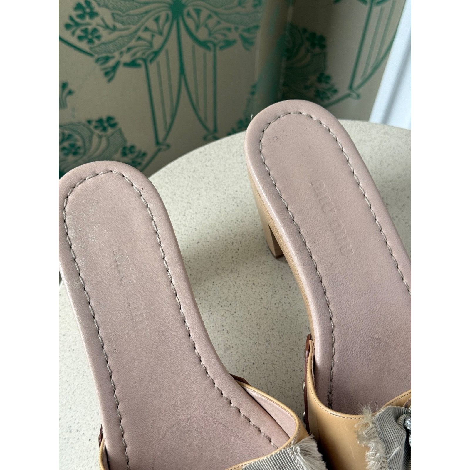 Miu Miu Miu Miu Beige Patent Leather Crystal Embellished Clogs Size US 6 / IT 36 - 4 Thumbnail