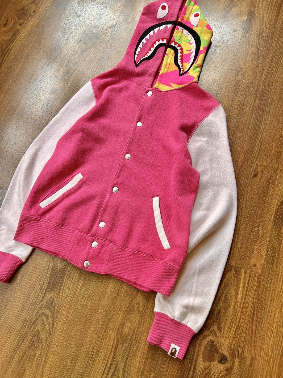 Bape Rare Bape Shark Camo Varsity Jacket / Hoodie (Pink) Size S / US 4 / IT 40 - 5 Thumbnail