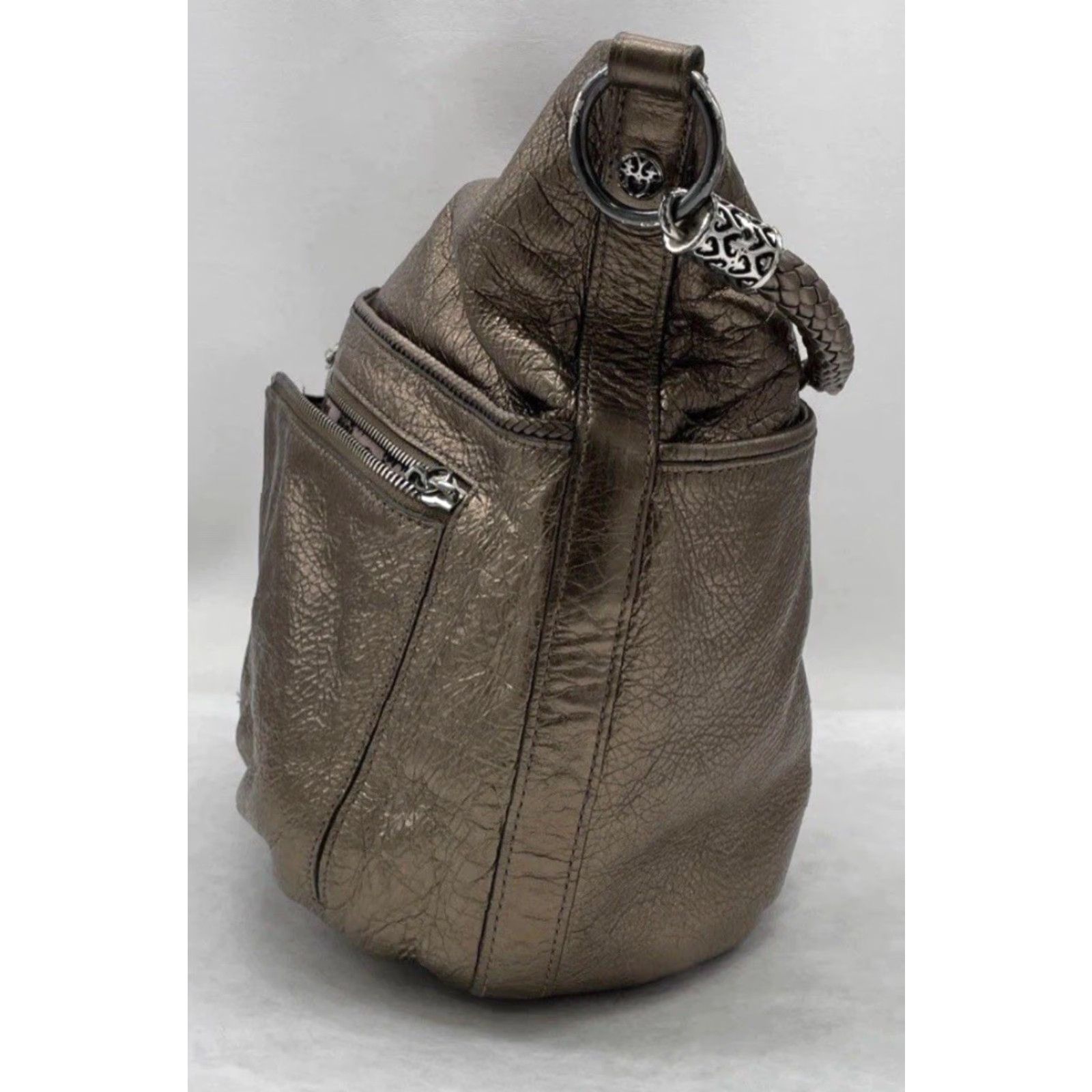 Brighton Brighton Hobo Bag Braided TopHandle Metallic Bronze Pebble Leather Purse Women Size ONE SIZE - 3 Thumbnail
