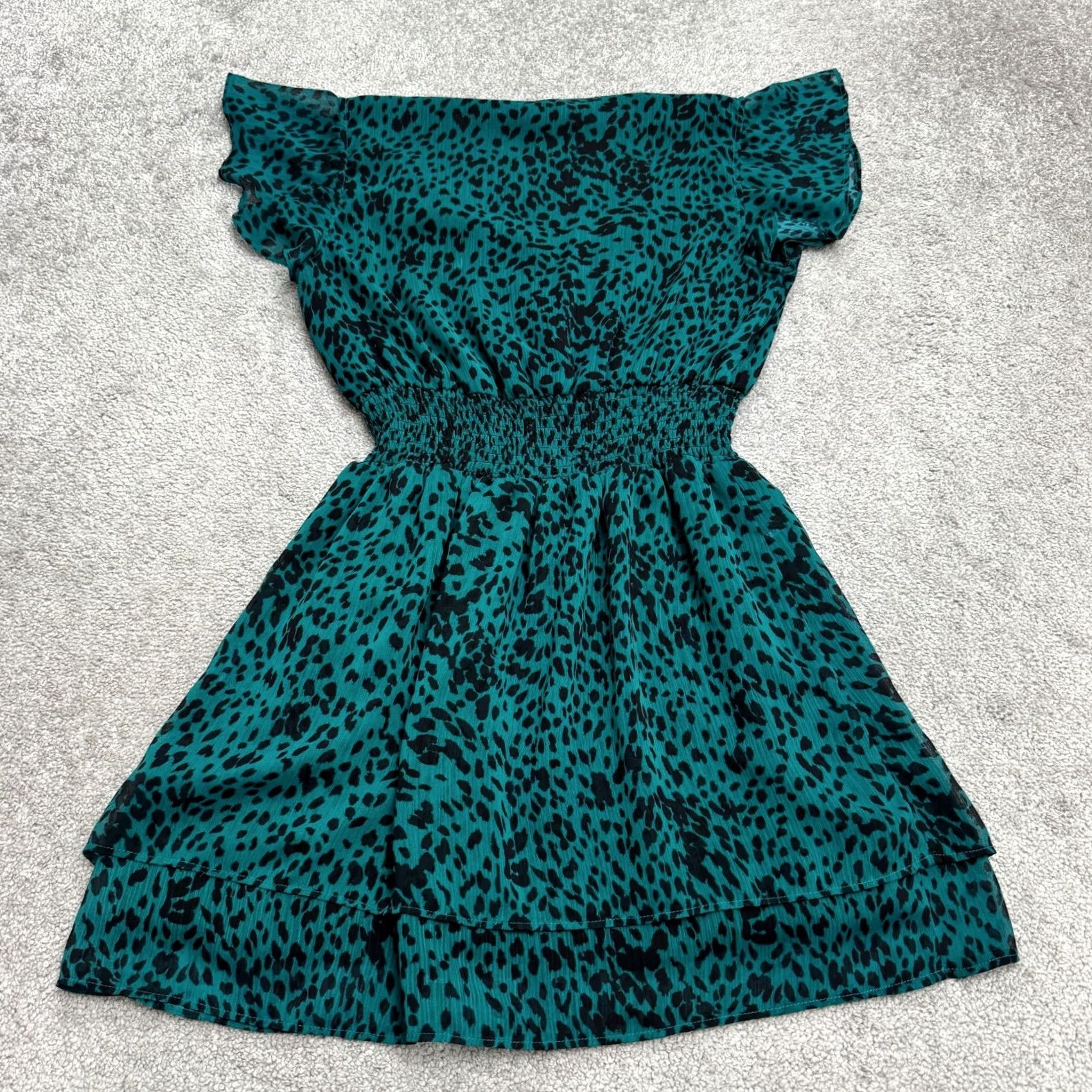 AQUA Aqua Leopard Animal Print Smocked A-Line Mini Dress Womens Small Teal Black Shirt? Size S / US 4 / IT 40 - 2 Thumbnail