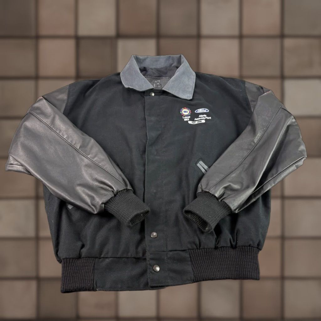 VINTAGE Ford Motors Leather Bomber Jacket Mens Large Black Workwear