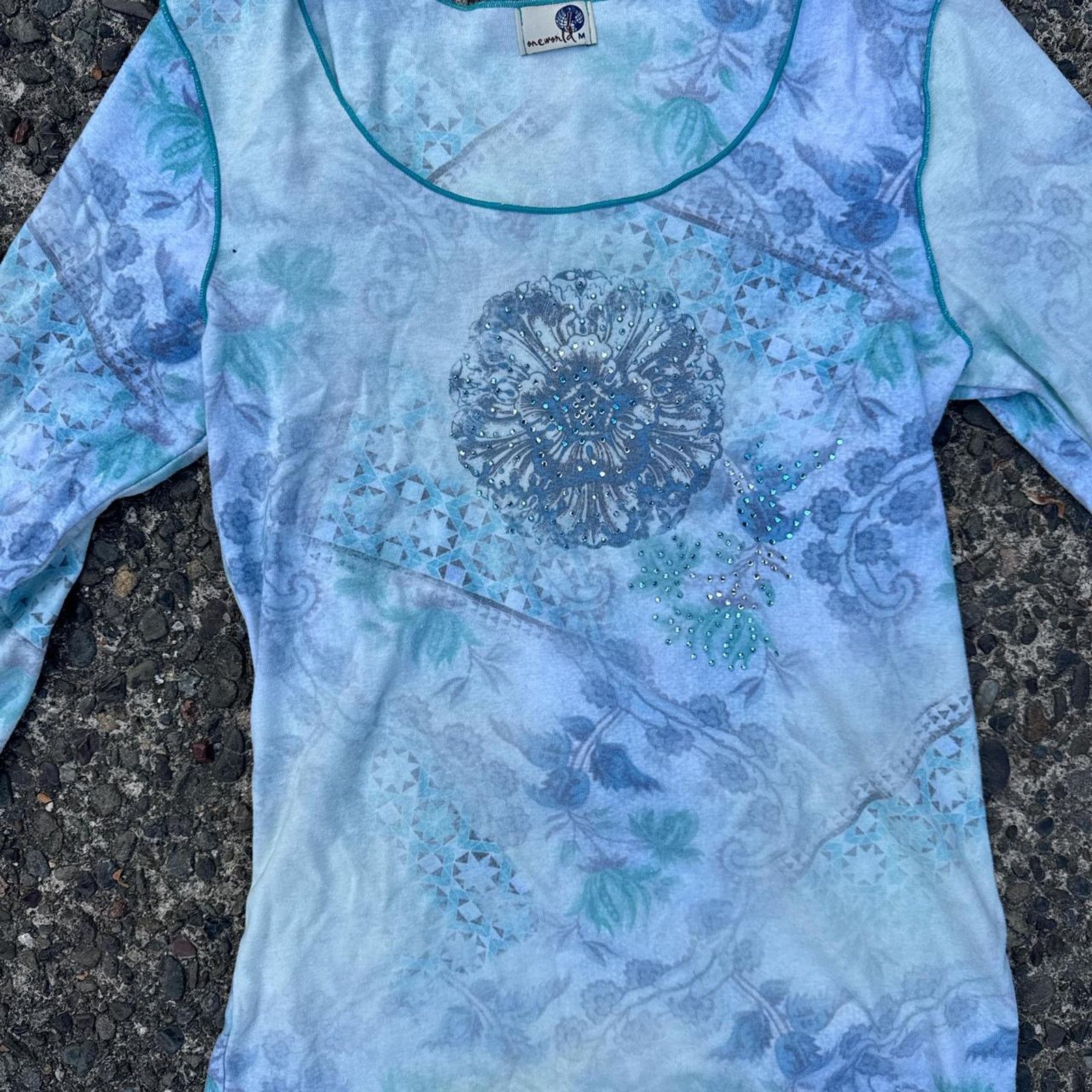 Vintage Y2K One World New Age Patterned Rhinestone Top – Size Medium Size M / US 6-8 / IT 42-44 - 3 Thumbnail