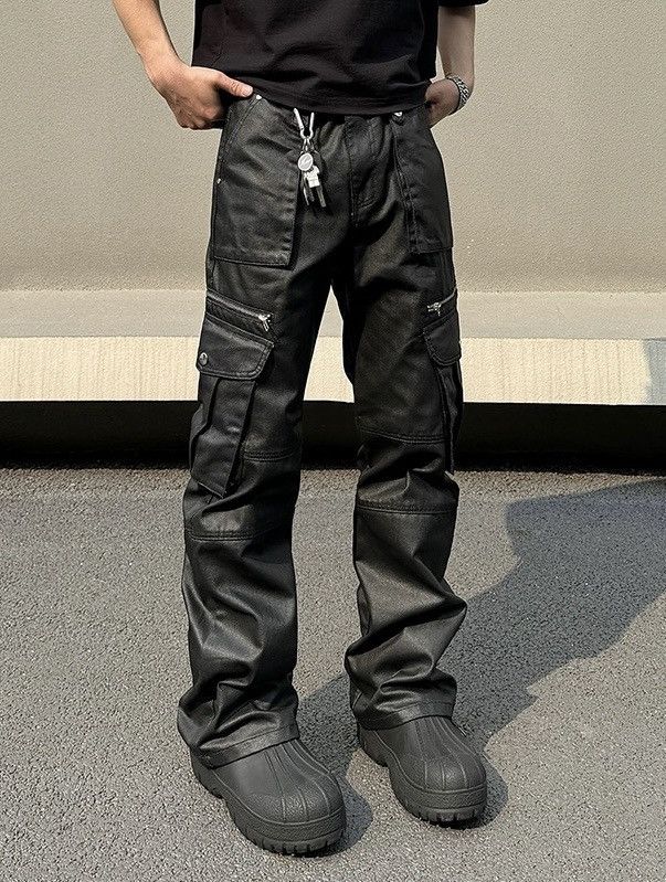 image of Avant Garde Retro Punk Fashion Multi Pocket Cargo Wax Pants in Black, Men's (Size 33)