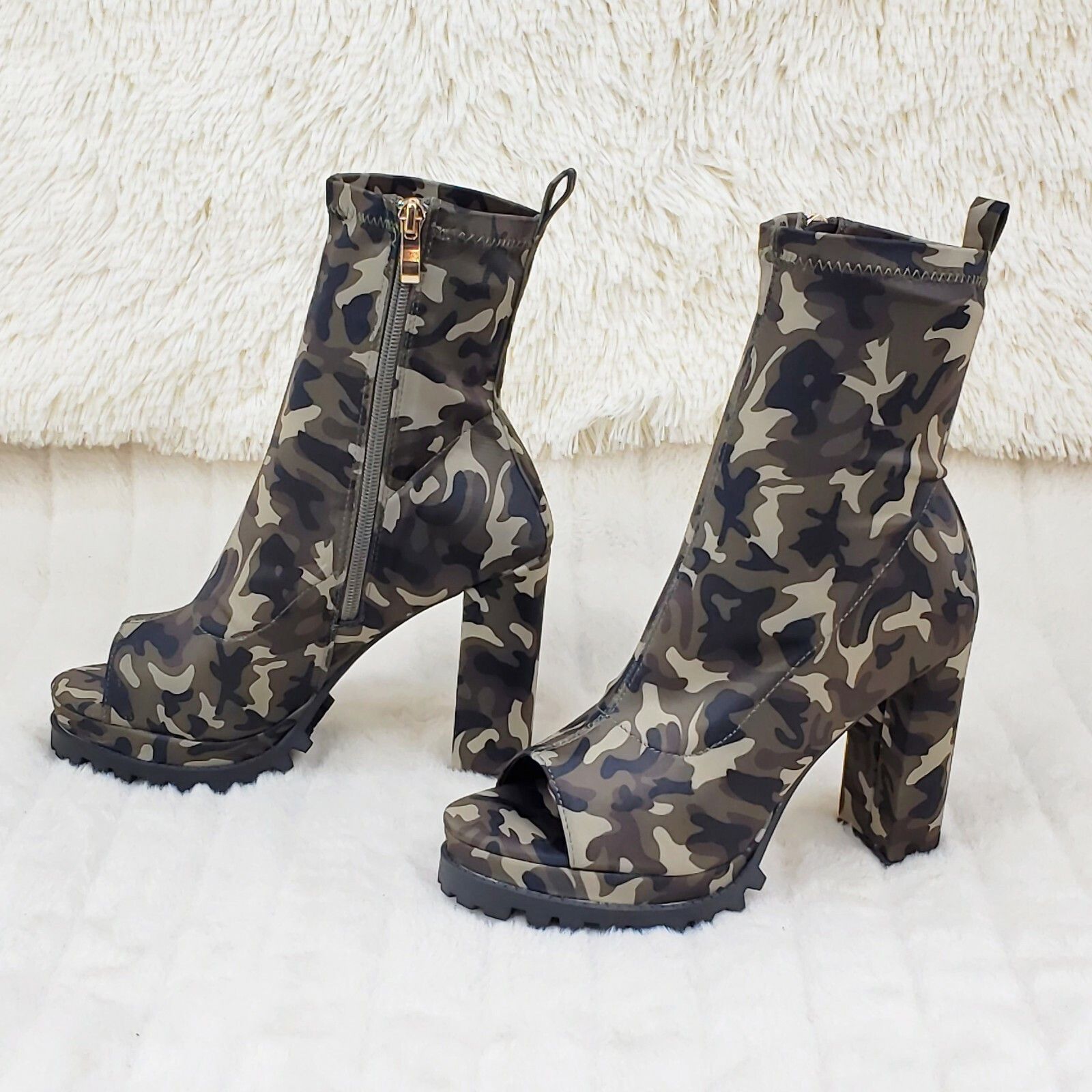 Other Natalie Camo Print Chunky Heel Stretch Open Toe Lug Sole Ank Size US 7.5 / IT 37.5 - 2 Thumbnail