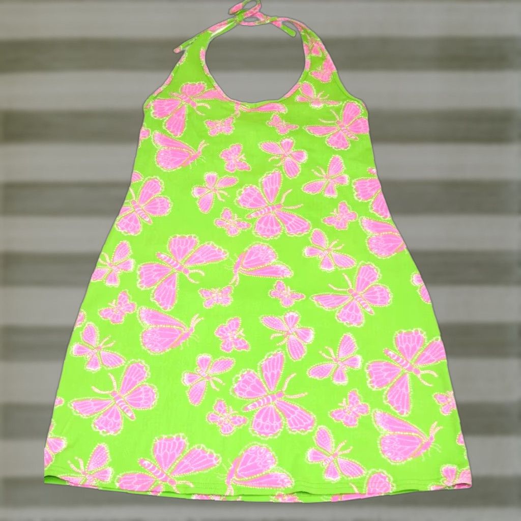 VINTAGE Lilly Pulitzer Pool Cover Dress M 1990s Lime Green Pink Butterflies