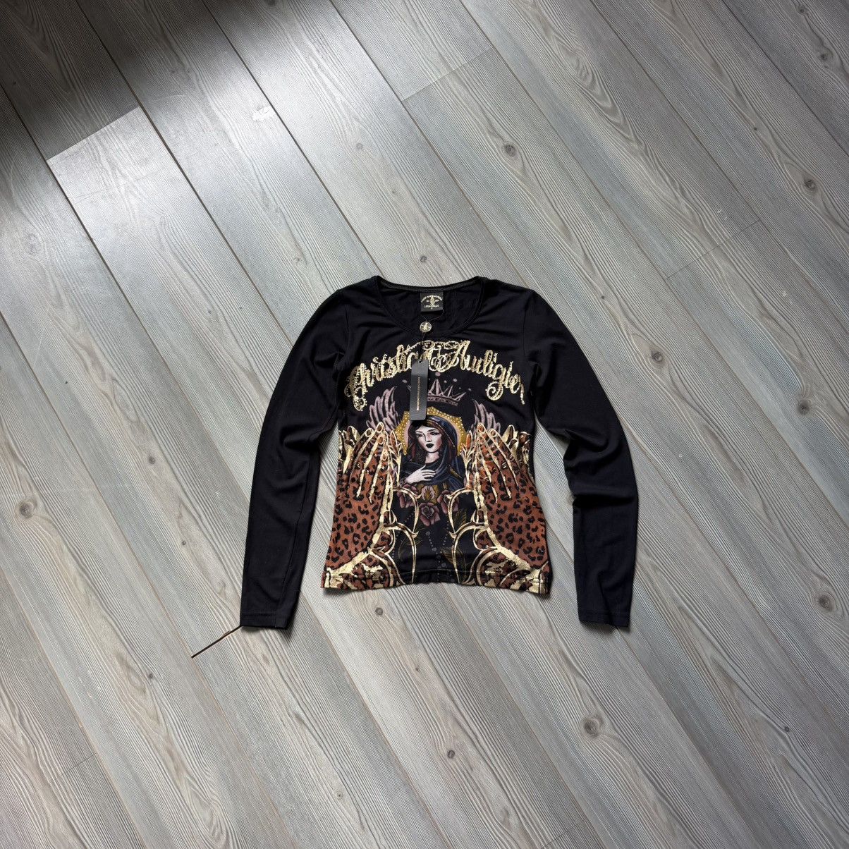 Christian Audigier Christian Audigier Vintage Y2K Virgin Mary Rhinestone LS Size S / US 4 / IT 40 - 3 Thumbnail