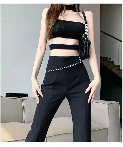 Japanese Brand Korean Fashion Women Black Flare Pants Spring Autumn Slim Size 27" / US 4 / IT 40 - 2 Thumbnail