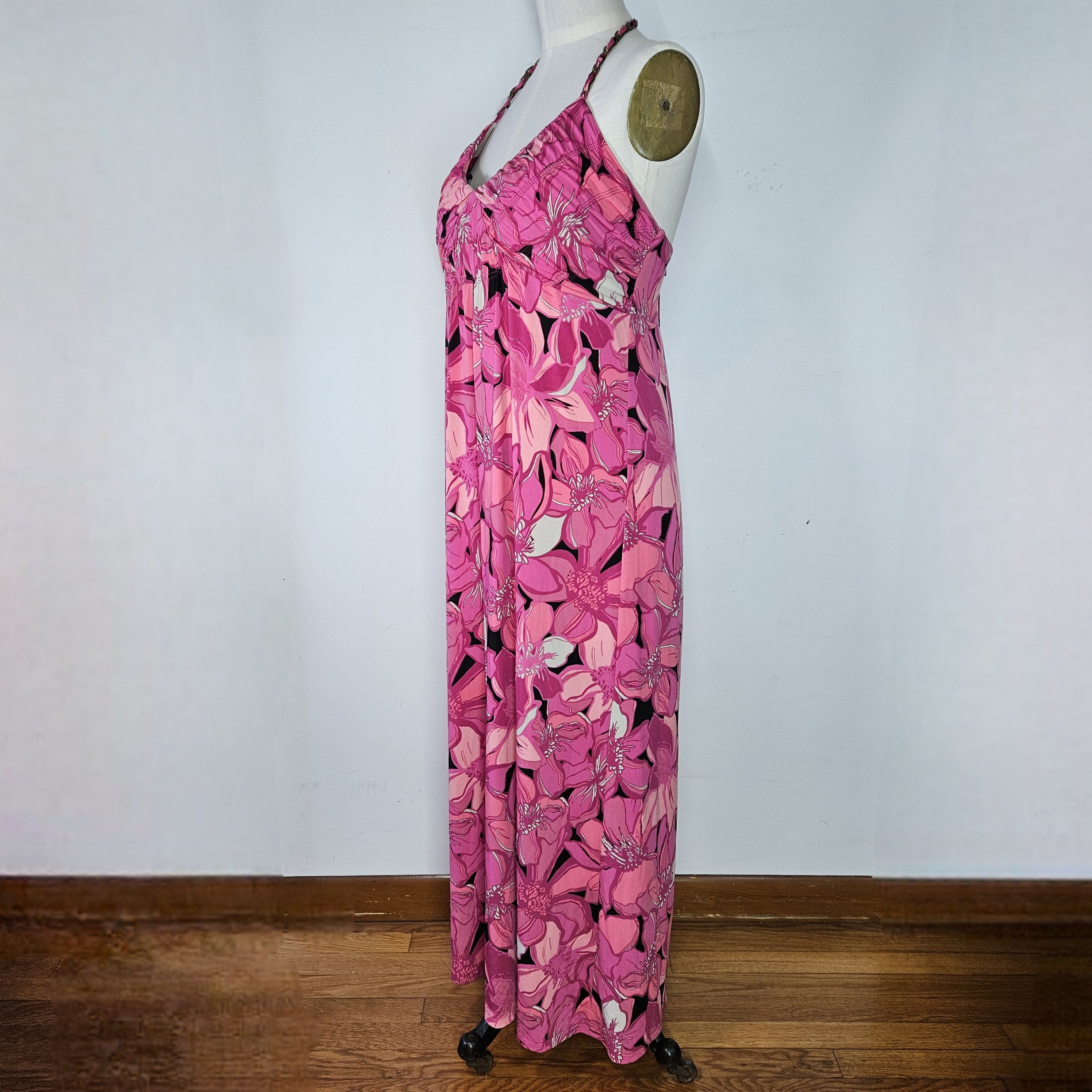 Other Elle Size XL Dress Pink Fuchsia Floral Halter Smocked Maxi Size XL / US 12-14 / IT 48-50 - 2 Thumbnail